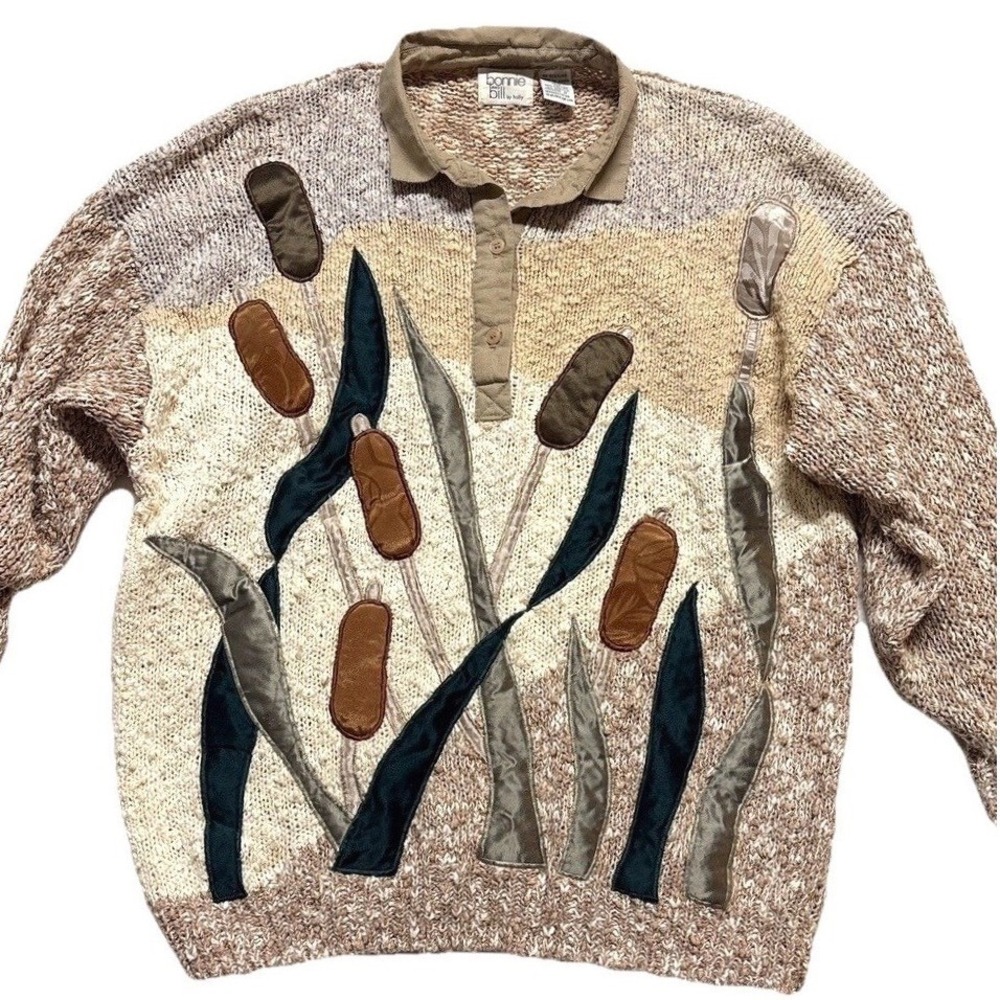 Vintage 3D Cattail Applique Sweater Bonnie Bill Polo Chunky Knit Cottagecore L